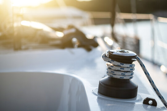 Close up of a rope on a yacht deck