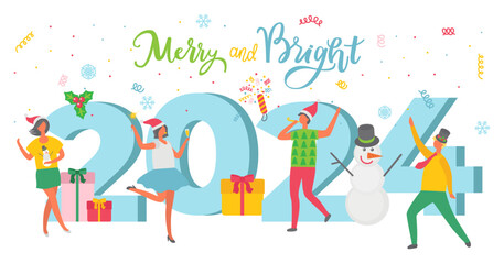 Merry Christmas card. Vector illustration. New Year party invitation was filled with Christmas decorations and themes Lettering on holiday poster gleamed in festive A postcard 2024 Merry and Bright