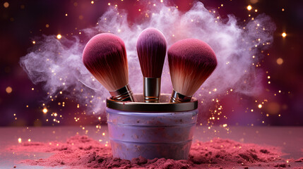 Pink and purple powder burst from makeup brushes: a vibrant close-up of a colorful beauty moment