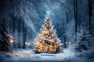 Christmas tree decorated with garland lights, winter forest is on a background