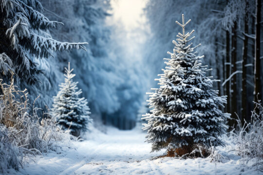 Winter forest background with a road perspective and Christmas trees under snow