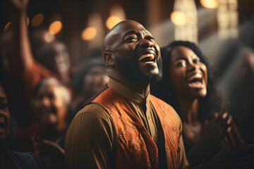 Afro American man and woman Gospel singers in a church. Joyful devotion, faith and belief in God religion concept - obrazy, fototapety, plakaty