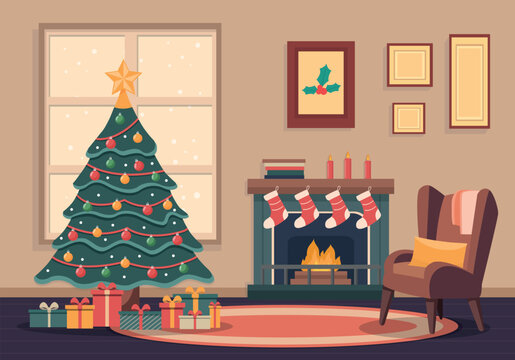 Empty living room with christmas tree and decoration. Cozy living room for the christmas winter holidays in flat style. Vector stock