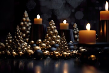 Small Christmas trees as advent table decoration for a beautiful xmas, seasonal festivity. Candlelights in background. Shiny baubles.