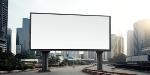 Fototapeta premium Empty white billboard signage advertising signs on the side of highway. Mockup advertisement concept. Generative ai