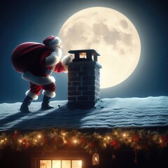 Santa claus on the roof going into the chimney.