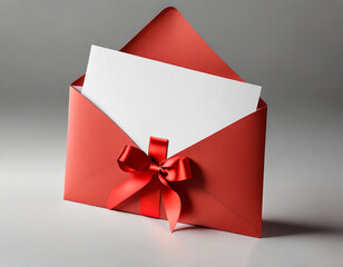 Blank white gift card with red ribbon bow or gift voucher in open red envelope isolated on white grey background with shadow minimal concept
