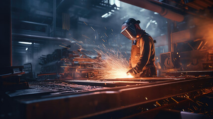 A steelworker operates a massive press,  shaping red-hot steel beams