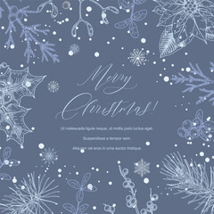 Obraz premium Merry Christmas and Happy New year blue square greeting card. Social media post template. Hand drawn sinter festive background with sketch botany elements. Engraving vector illustration