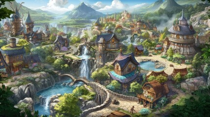 Obraz premium Landscape concept game fantasy village It is in the middle of a valley that looks flowing and magical.