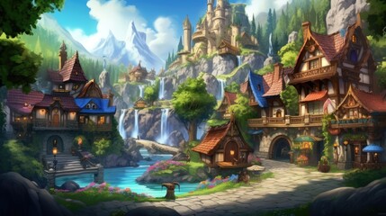 Obraz premium Landscape concept game fantasy village It is in the middle of a valley that looks flowing and magical.