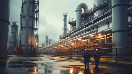 Fotobehang On a rainy day,  workers at an oil refinery inspect pipelines and tanks © basketman23
