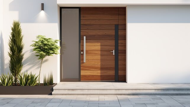 Clean entrance door by wooden with perfect matching white wall to make it homey. Generative AI Technology 