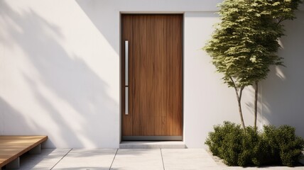 Clean entrance door by wooden with perfect matching white wall to make it homey. Generative AI Technology 
