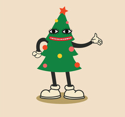 Christmas retro collection 30s cartoon mascot characters. Christmas tree in 50s, 60s old animation style. Vintage comic merry Christmas Isolated vector.