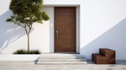 Clean entrance door by wooden with perfect matching white wall to make it homey. Generative AI Technology 