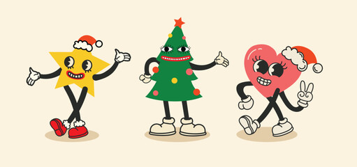 Christmas retro collection 30s cartoon mascot characters. Christmas star, heart and Christmas tree in 50s, 60s old animation style. Vintage comic merry Christmas Isolated vector.