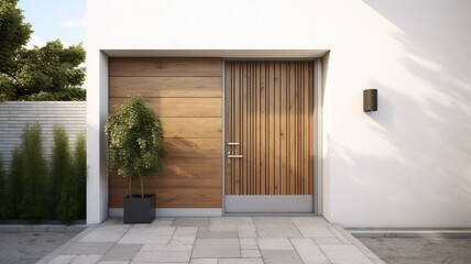 Clean entrance door by wooden with perfect matching white wall to make it homey. Generative AI Technology 