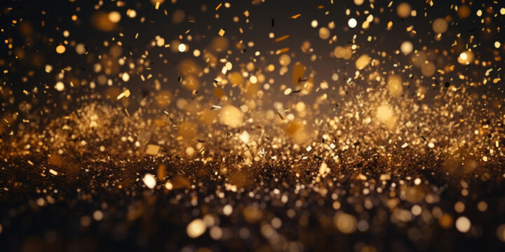 Border of raining gold confetti and golden glitter isolated on black, party background concept with copy space for award ceremony, New Year's Eve and jubilee, generative ai