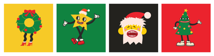 Christmas retro collection 30s cartoon mascot characters. Christmas star, heart and Christmas tree in 50s, 60s old animation style. Vintage comic merry Christmas Isolated vector.