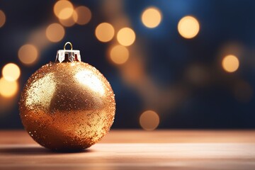 A golden Christmas ornament on a rustic wooden table