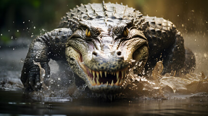 Obraz premium Intense crocodile emerging from swamp with focused gaze