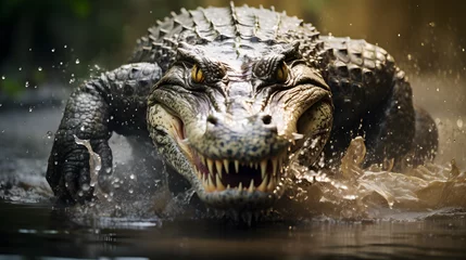Zelfklevend Fotobehang Intense crocodile emerging from swamp with focused gaze © Matthias