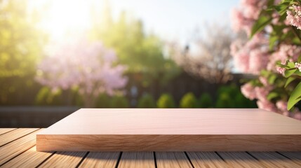 Empty Wooden surface for presentation with blurred garden and flowers background, mockup, Space for presentation product