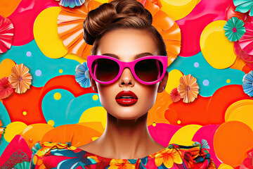 80s style pop collage illustration, fashion model with sunglasses