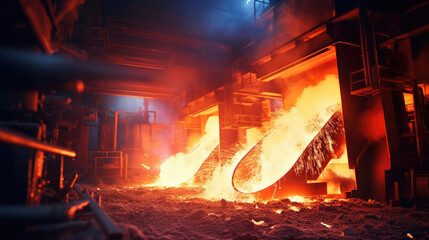 At a steel mill,  molten metal glows brightly,  illuminating the night