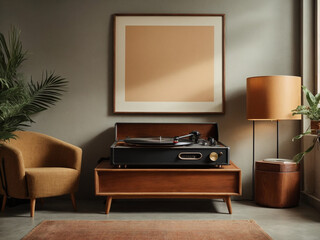 Vintage record player on a wooden cabinet with vinyl records, against a concrete wall with an empty blank mock-up poster frame. Retro-inspired living room interior design