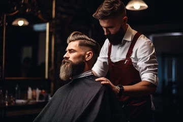 Schilderijen op glas a handsome model man with a beard in the hairdresser barbershop salon gets a new haircut © Kien