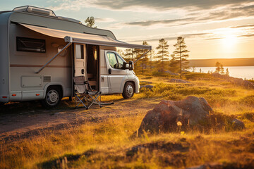 Camper car rv camping on nature. Holidays in motor home. - obrazy, fototapety, plakaty