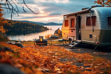 Caravan camping on lake shore. Camping on nature. Holidays in motor home. - obrazy, fototapety, plakaty