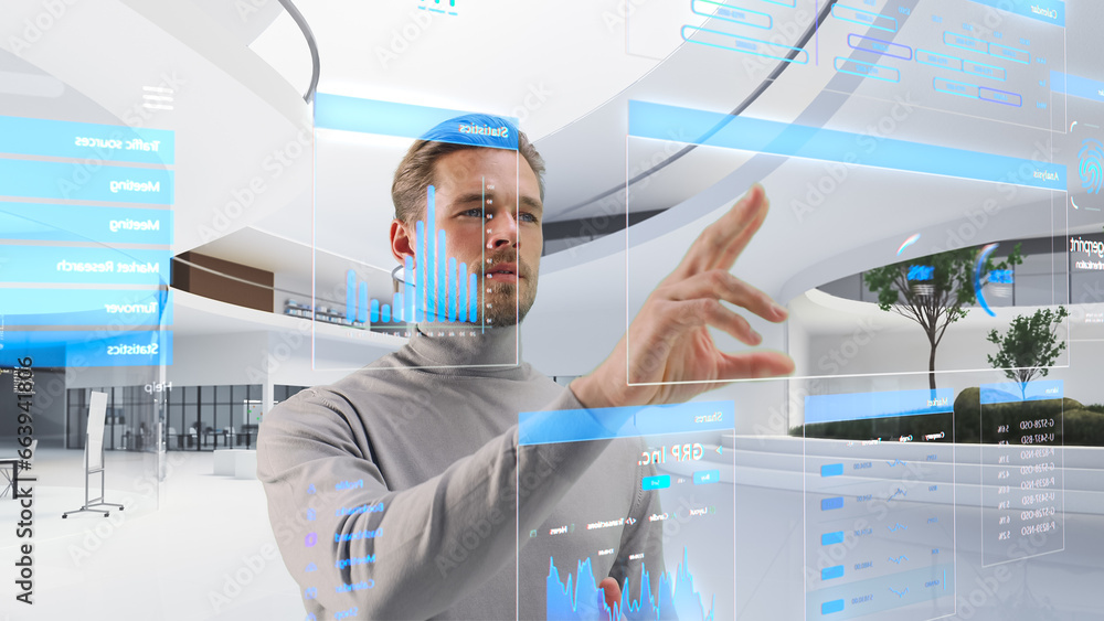 Aufkleber handsome man standing in futuristic virtual space, interacting with an augmented reality hologram wi