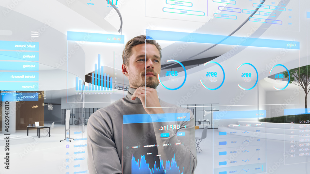 Aufkleber handsome man standing in futuristic virtual space, interacting with an augmented reality hologram wi