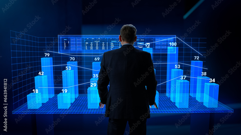 Aufkleber Business Analyst Working in Virtual Reality Office with Augmented Reality Screens. Manager Using a Virtual Touch Screen Hologram with Multiple Options, Generating Presentations With Graphs, Charts