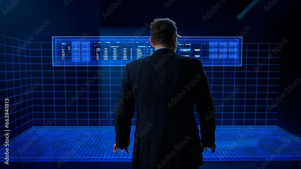 Aufkleber Business Analyst Working in a Virtual Reality Office with Augmented Reality Screens. Manager Using a Virtual Touch Screen Hologram with Multiple Options, Generating Visual Presentations from Big Data