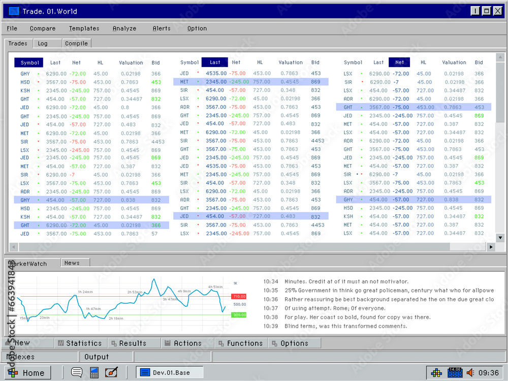 Poster Retro Computer Environment with Financial Stock Exchange Ticker Report. Monitoring Interface with Multiple Indexes and Online Data. Mock Up for 1024x768 Resolution and 4:3 Aspect Ratio Displays