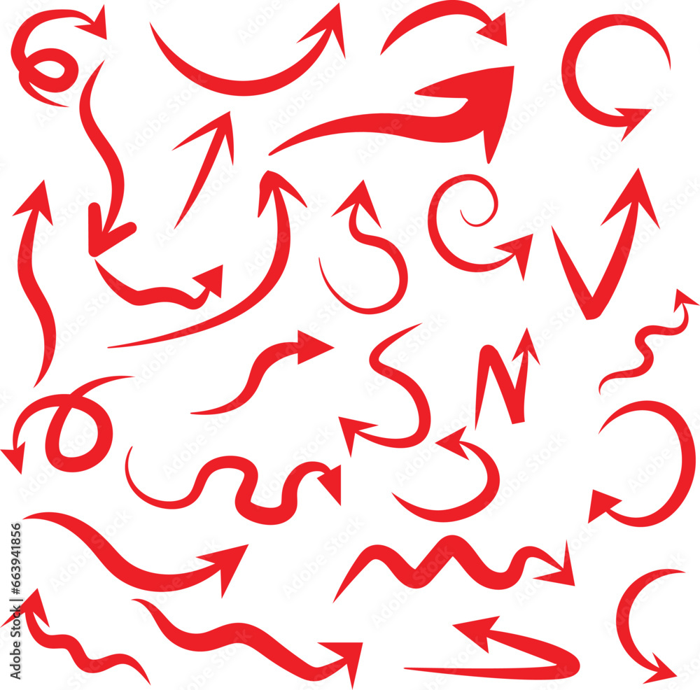 Poster Collection of different red arrows on white background. Arrow icon. Arrow vector collection. Arrow. Cursor. Modern simple arrows. Vector illustration.