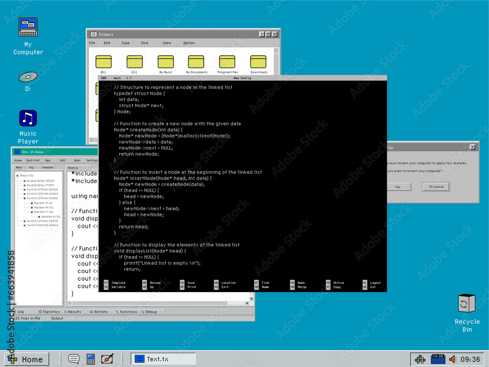 Poster Old Operating System Template with Desktop Environment and Coding Terminal with Black Background, Command Lines for Programming. Retro Computer OS Mock Up Screen in 1024x768 Resolution