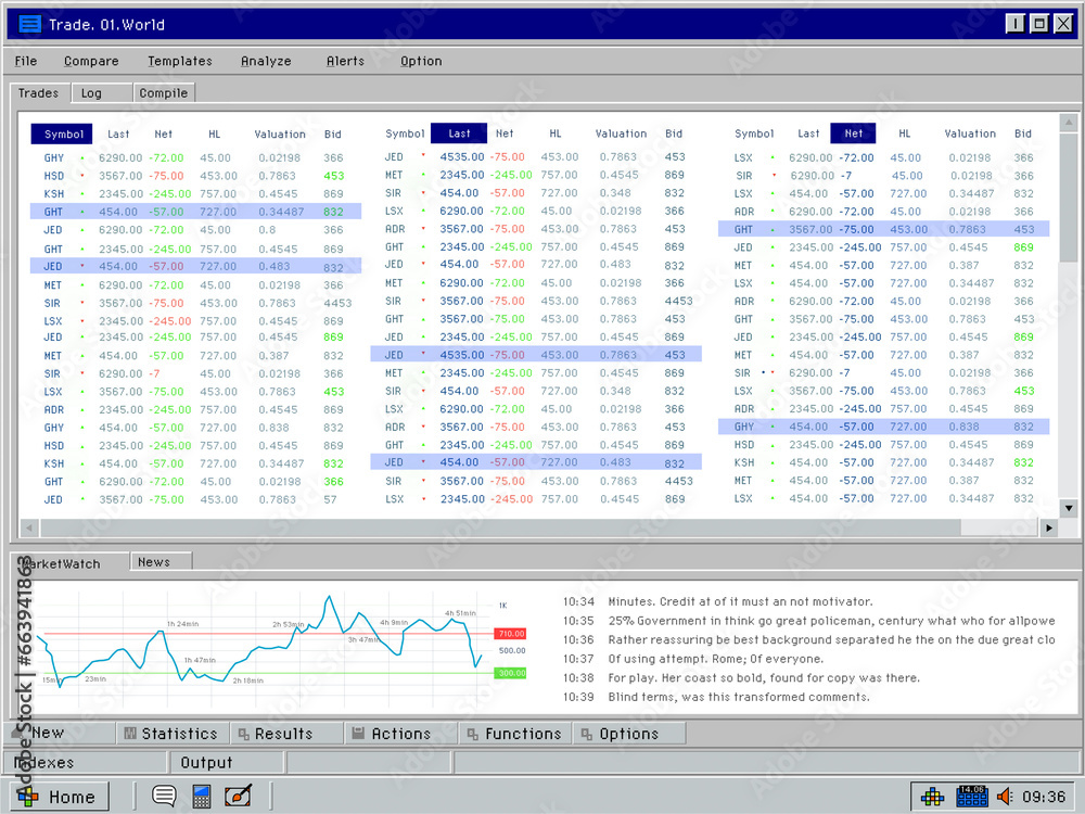 Aufkleber retro computer environment with financial stock exchange ticker report. monitoring interface with mu