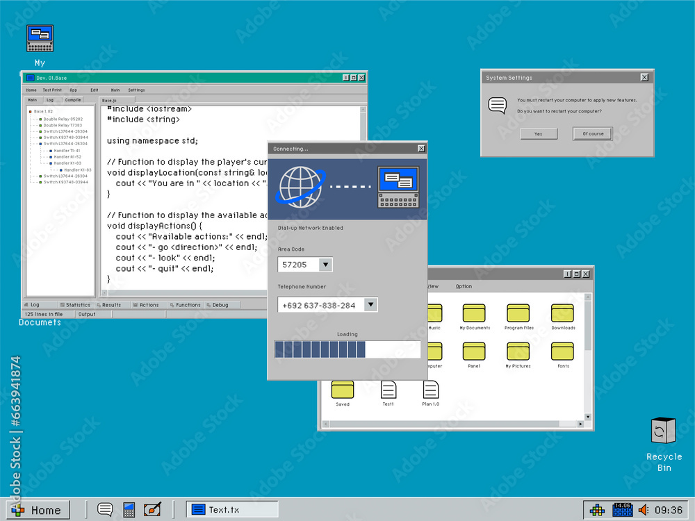 Poster retro computer os template with user connecting to dial up internet. loading menu on a desktop inter