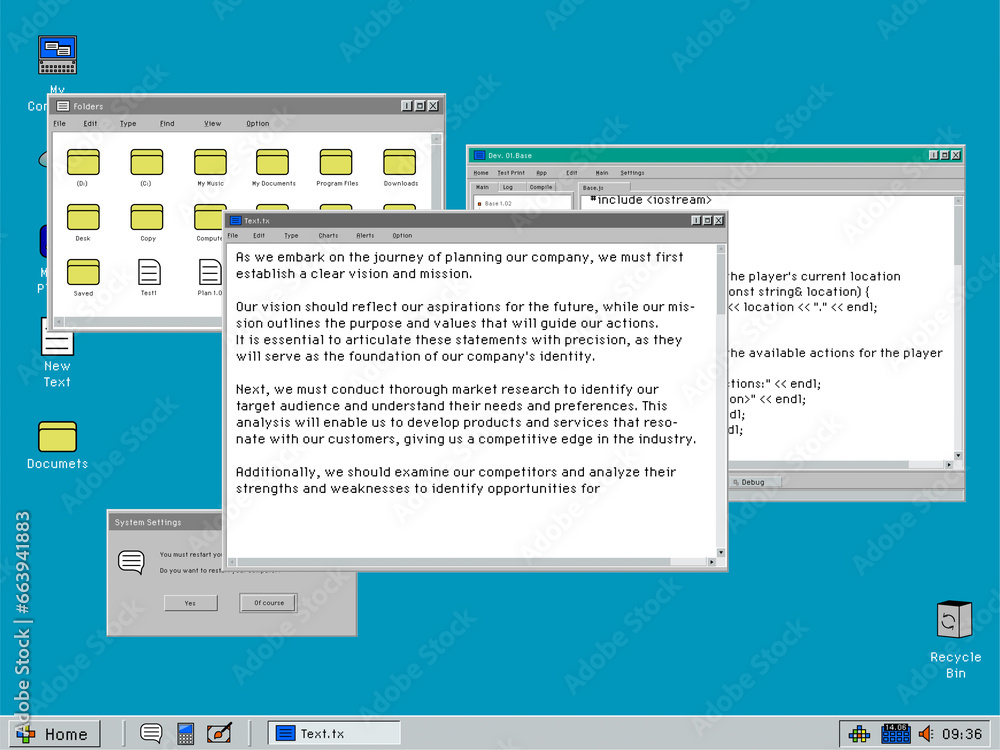 Leinwandbilder nineties operating system template with text editor software for old pc monitors, displays. computer