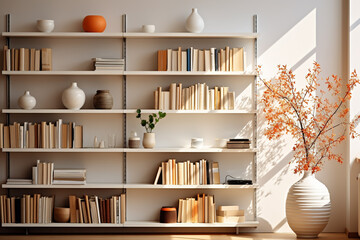 Bookshelf with books and vase