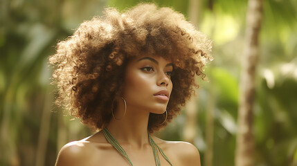 A young, beautiful black woman with curly hair is standing in a lush, green forest. She is wearing a green dress. Her facial expression is a mix of sadness