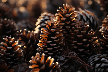 Fototapeta premium Pine cones on blurred background, closeup