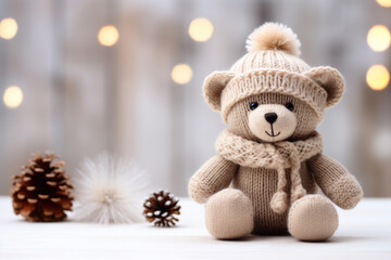Knitted teddy bear sits with pinecones against a lit background.