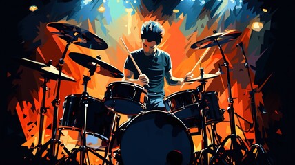 Fototapeta na wymiar Musician with drums. Rock drummer abstract illustration with large strokes of paint. Drummer Guy Music Poster. Talented musician. Musical art concept AI