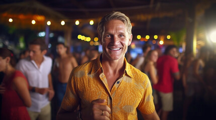 smiling man in a yellow shirt stands in a crowded room, surrounded by several other people.